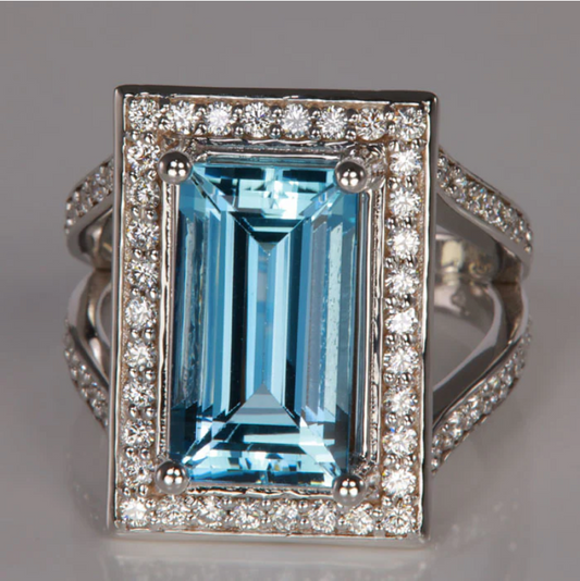 TEST 14K White Gold Emerald Cut Aquamarine and Diamond Ring 4.71 Carats