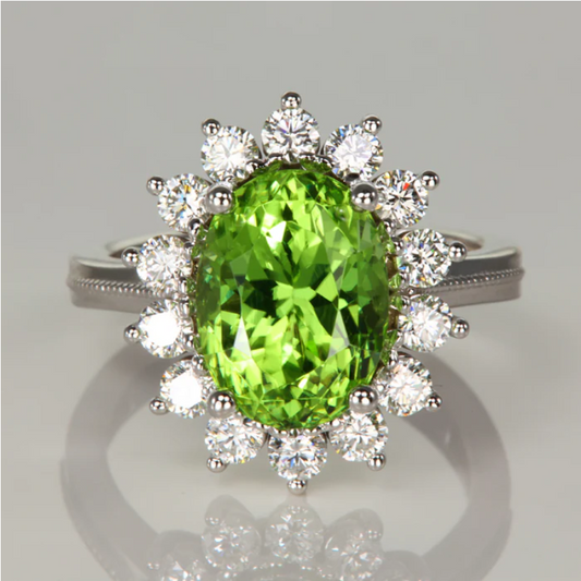 TEST 14K White Gold Oval Peridot and Diamond Halo Ring 5.77 Carats